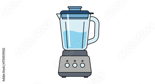 Flat illustration of a blender with water against a white background, showcasing clean lines and cool blue tones.