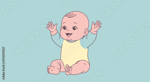 A cheerful baby sitting and raising hands, in a cartoon illustration style against a light blue background with a happy and playful mood.