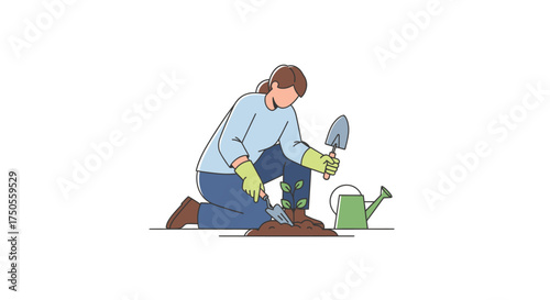 Illustration of a gardener kneeling to plant seedlings, wearing gloves, with a minimalist style and clean white background.