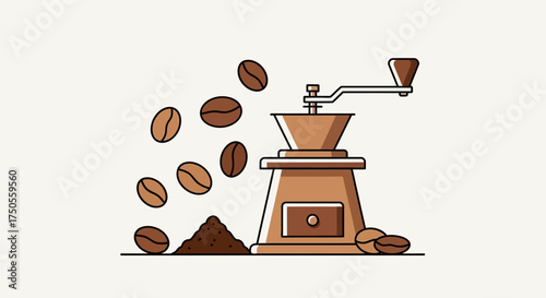 Illustration of a manual coffee grinder grinding coffee beans against a clean, neutral background with a minimalist, flat design and warm, earthy tones.