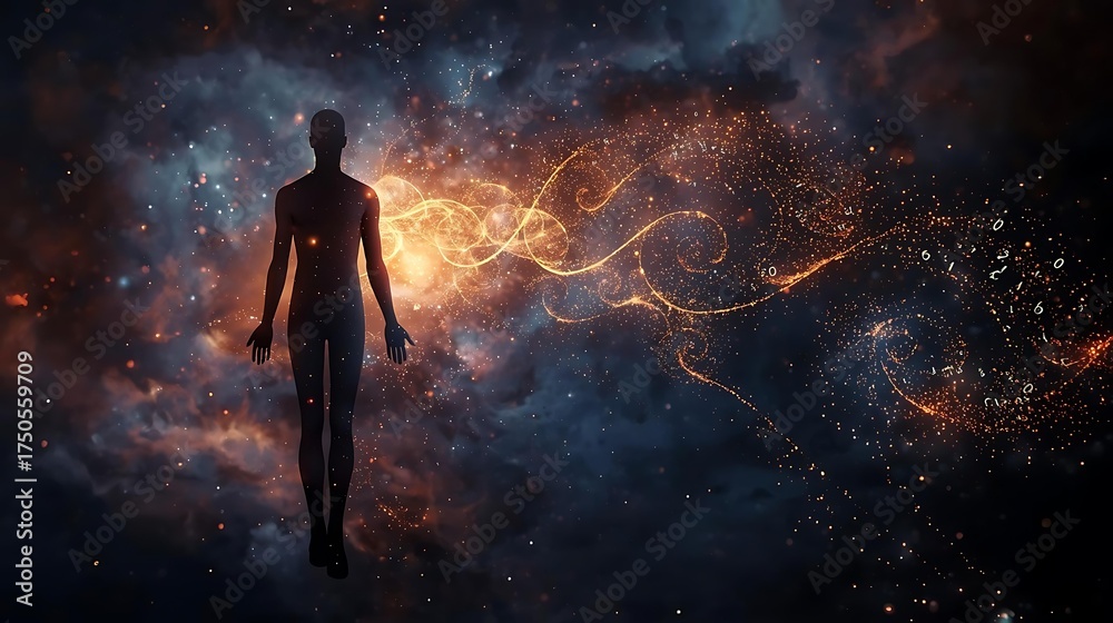 Fototapeta premium A solitary human figure floats in the vastness of space, surrounded by swirling nebulae and cosmic dust.