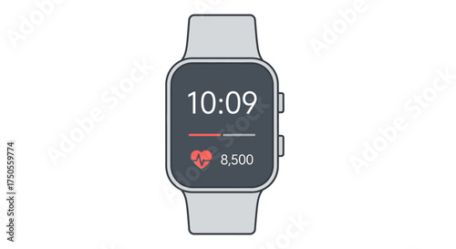 A grey smartwatch displays health data with a heart icon on a clean white background in a minimalist, flat lay style.
