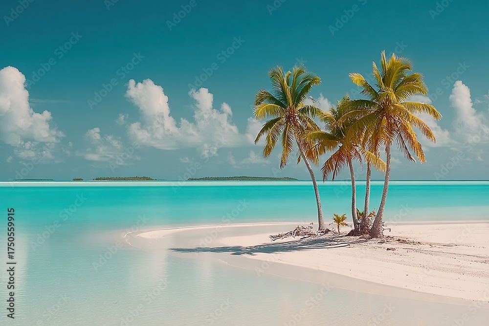 Fototapeta premium Palms on sand bar with turquoise water and scattered clouds