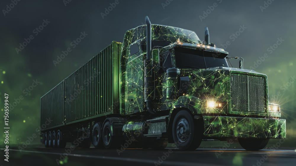 Obraz premium Smart Innovation connection cyber security Container truck in ship port for business Logistics transportation of Container Cargo ship Cargo plane with working crane bridge in shipyard at Twilight
