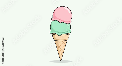 Simple vector illustration of a double scoop ice cream cone with pastel pink and green against a clean, white background, conveying a sweet, summery mood.
