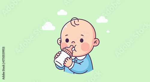 Cartoon illustration of a baby drinking milk from a bottle against a pastel green background, evoking a peaceful and nurturing mood.