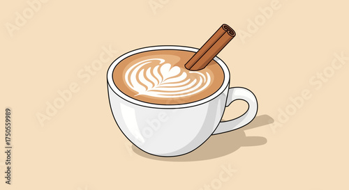Illustrated cappuccino with latte art and cinnamon stick presented with soft, neutral colors against a light beige background.