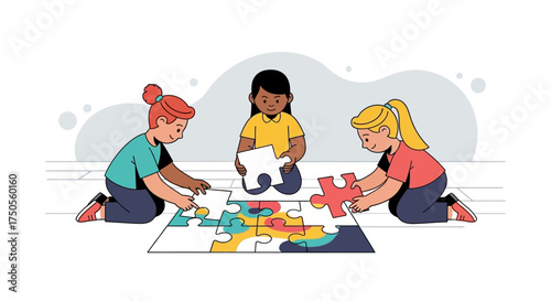 Three diverse girls solving a jigsaw puzzle collaboratively on the floor with a bright, playful mood, illustrated in a simple vector style against a white background.