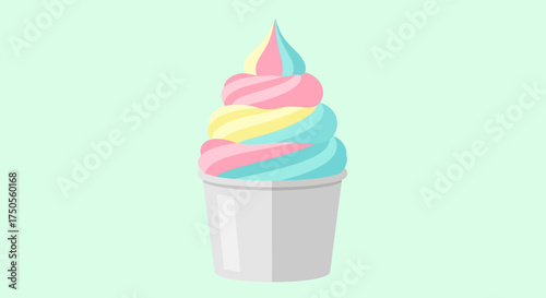 Illustration of a colorful swirl ice cream cone in a cup against a soft green background creating a playful, sweet mood in vector style.