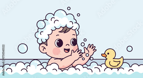 Cartoon illustration of a happy baby bathing with bubbles and a rubber duck, depicted in a flat design style with a calming blue palette.
