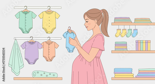 A pregnant woman selecting baby clothes from a rack in a bright nursery with soft pastel colors and a calm, hopeful mood.