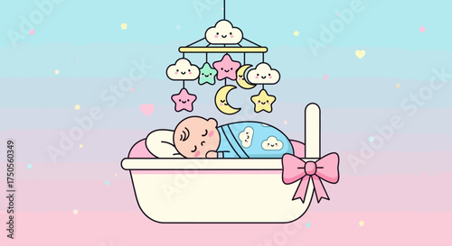 Illustration of a sleeping baby under a mobile in a pink and blue pastel gradient background with a cute and serene feeling.