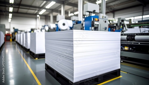 Stacks of fresh paper on pallets with ready for printing in an industrial factory.