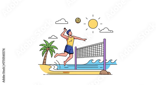 Vector illustration of a volleyball player spiking the ball on a beach under the sun, with a clean, minimalist design and vibrant, summery colors.