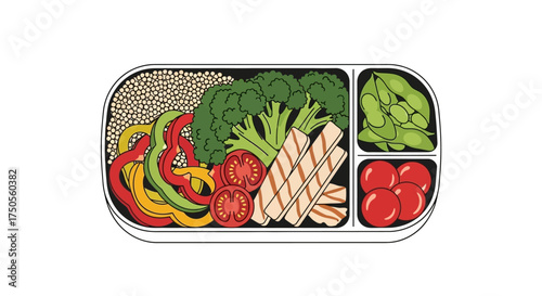 Overhead shot of a balanced bento box containing protein, vegetables, and grains against a clean white background, with vibrant colors.