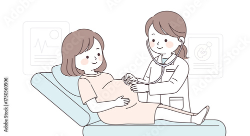 Vector illustration of a doctor examining a pregnant woman with a stethoscope against a clean white background in a caring and gentle style.