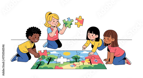 Four diverse children joyfully assembling a large jigsaw puzzle together on a white surface in a bright, colorful illustration style.