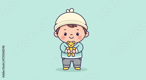 Cute cartoon toddler holding a teddy bear, illustrated in a flat style with soft pastel colors against a light teal background.