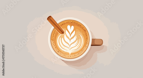 Top-down view of a cappuccino with latte art and a cinnamon stick in a bright, neutral-toned setting, creating a cozy and inviting atmosphere.