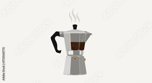 Moka pot illustration with rising steam against a clean white background and minimal design, conveying a cozy, warm coffee-making atmosphere.