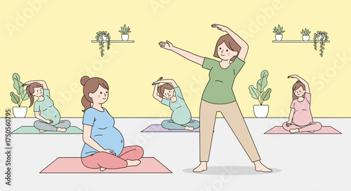 Illustration of pregnant women doing prenatal yoga in a bright, minimalist studio with plants, conveying a calm and healthy lifestyle.