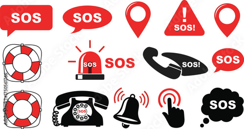 SOS emergency icon vector set, distress signal symbols, safety alert clipart, help request design, red and black graphic, rescue communication illustration