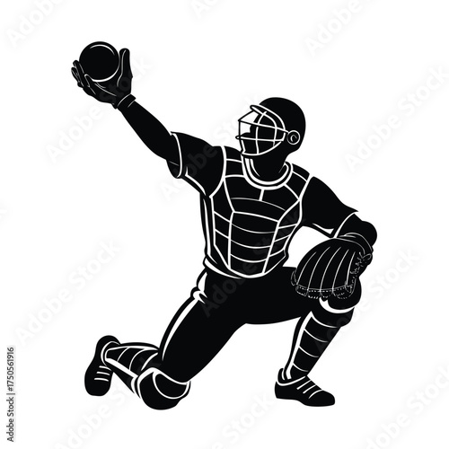 Baseball catcher in crouch with ball and mitt silhouette