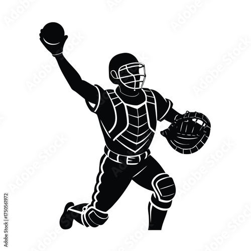 Baseball catcher in motion with ball and mitt silhouette