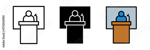 Public speaker icon into a microphone, linear icon. Line with editable stroke, filled and colored concept.