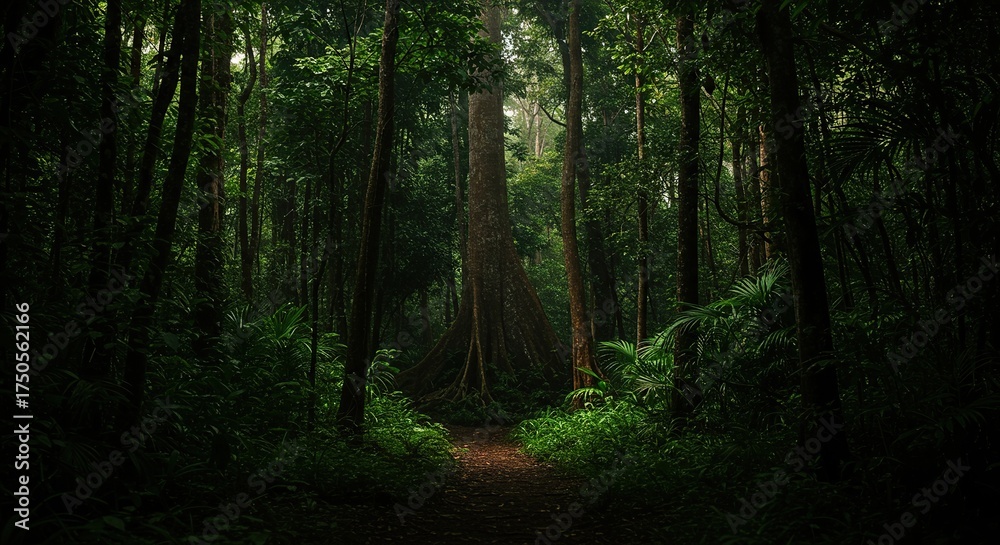 Naklejka premium A mystical view of a dense rainforest at the dead of night, where shadows play amongst the lush tropical foliage and ancient trees ,ecosystem ,wild ,outdoors