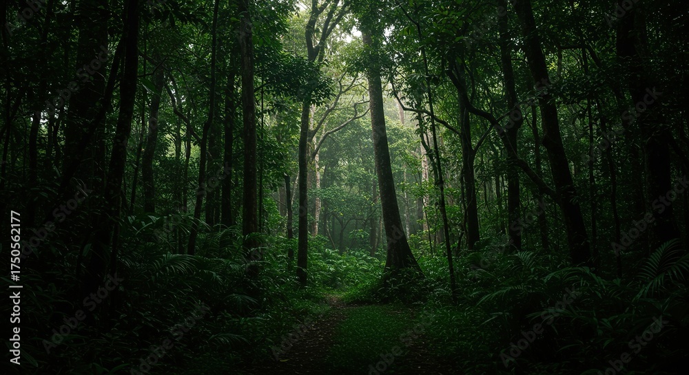 Fototapeta premium A mystical view of a dense rainforest at the dead of night, where shadows play amongst the lush tropical foliage and ancient trees ,undergrowth ,plants ,outdoors
