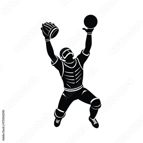 Baseball catcher jumping to catch ball silhouette sport
