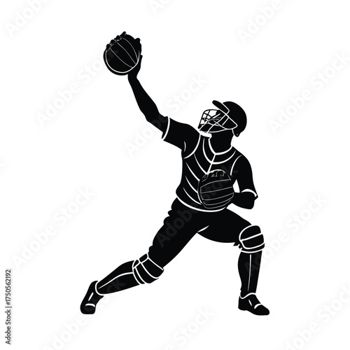 Baseball catcher lunging to catch ball silhouette sport