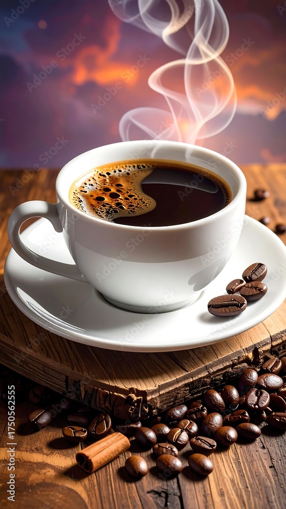 Fototapeta premium Coffee cup with steam over sunset