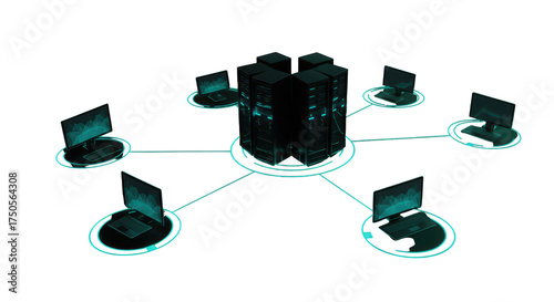 Central server connected to multiple computers isolated on transparent background