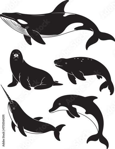 Ocean creatures design elements, marine life set