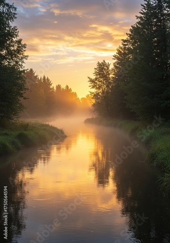 A tranquil stream meanders through a pristine natural landscape, its waters shimmering with the warm, golden light of dawn, reflecting serene beauty ,outdoor ,foliage ,creek