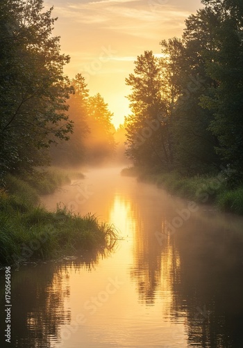 A tranquil stream meanders through a pristine natural landscape, its waters shimmering with the warm, golden light of dawn, reflecting serene beauty ,sunbeam ,idyllic ,bright