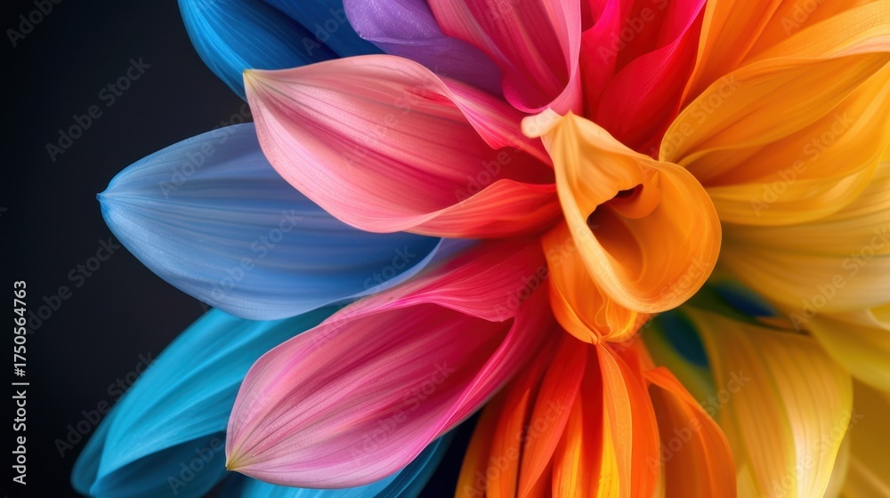 Obraz premium Colorful Abstract Floral Composition with Petals in Vibrant Hues of Blue, Pink, Orange, and Yellow on Black Background