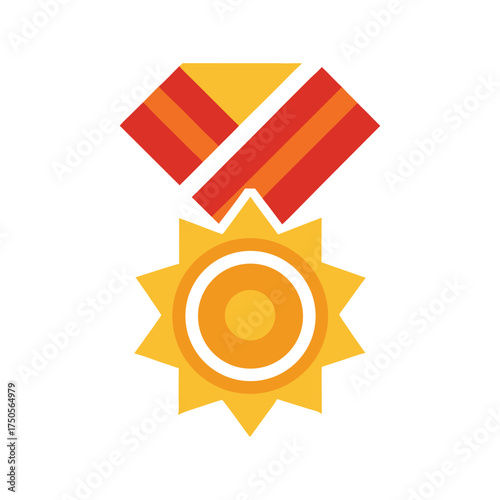 Flat Design Golden Star Medal with Red Orange Ribbon on White Background award