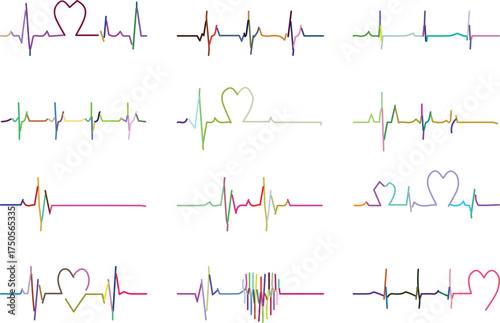 Set of colorful heartbeat line vectors heart shapes medical illustration for cardiology or healthcar