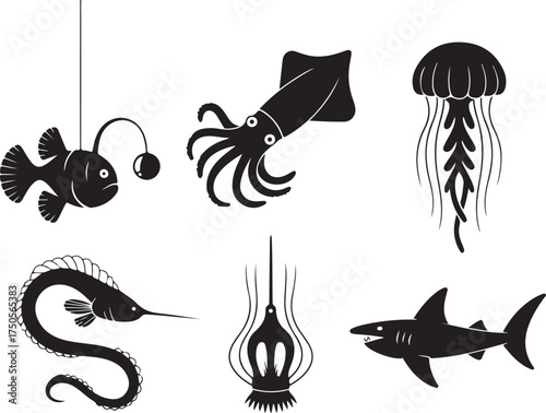 Deep sea creatures silhouettes for ocean designs