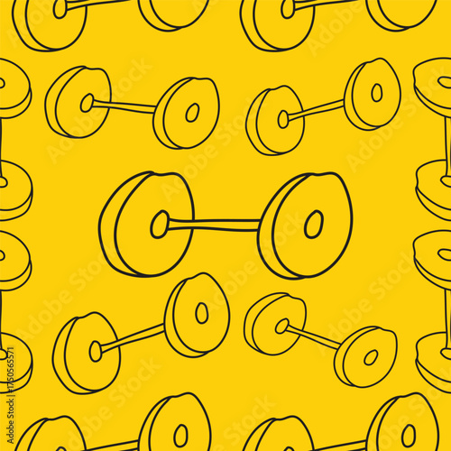 Dumbbells Seamless Pattern with Yellow Background Vector Illustration