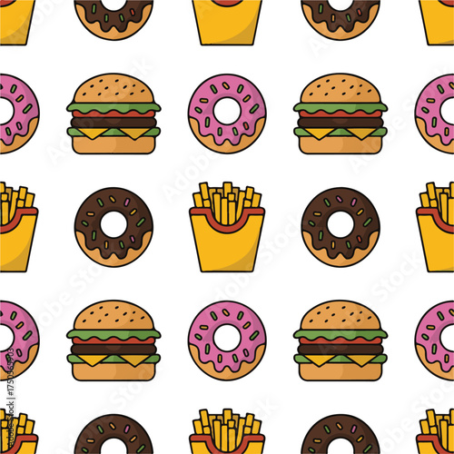 Seamless Fast Food Pattern — Flat Vector Illustration of Burgers, Donuts, and Fries