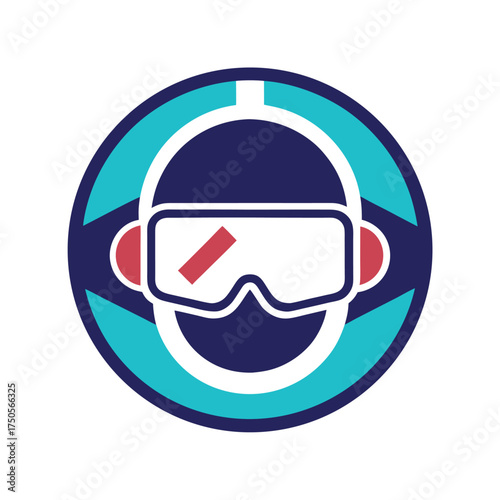 Futuristic VR Goggles Icon with Teal and Navy Blue Circle Border virtual reality
