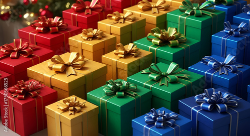 Vibrant rainbow of wrapped christmas presents with gold ribbons