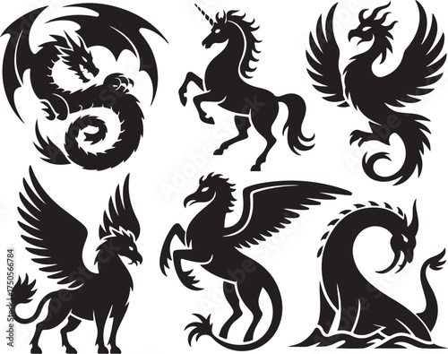 Mythical creatures dragon unicorn phoenix griffin