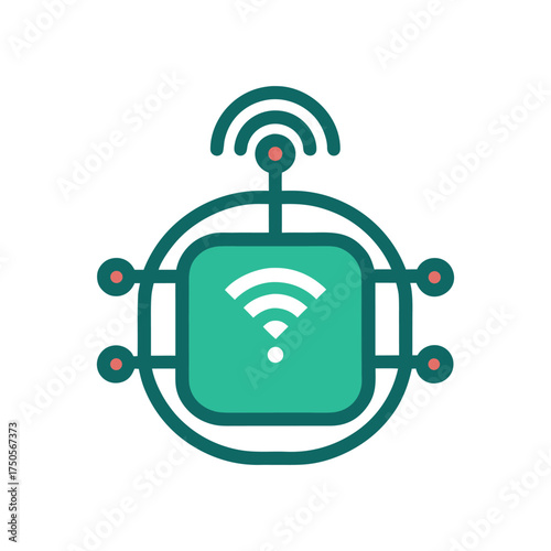 Green square icon with Wi Fi symbol inside a circle on white background Keywords: icon, Wi Fi, wireless, signal, network, connection, technology