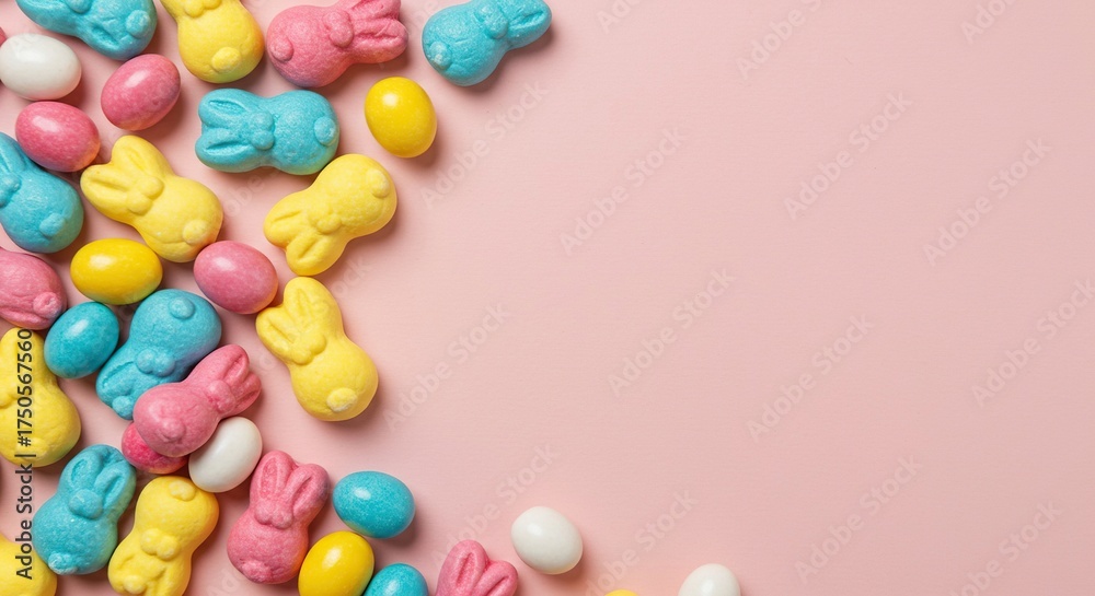 Obraz premium Colorful easter bunny shaped candies scattered on a pastel background, evoking the joy and sweetness of spring holiday treats ,fun ,cute ,delicious