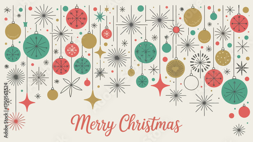 Retro mid century modern christmas ornaments and starbursts with merry christmas text